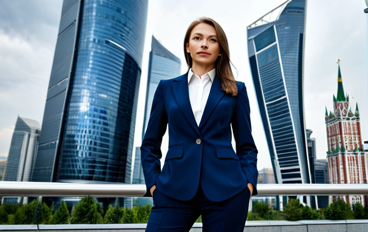 **
A professional businesswoman in a stylish, dark blue business suit, standing confidently in front of the Moscow City skyscrapers. Fully clothed, appropriate attire, safe for work. Perfect anatomy, natural proportions, professional photograph, high quality.
**
